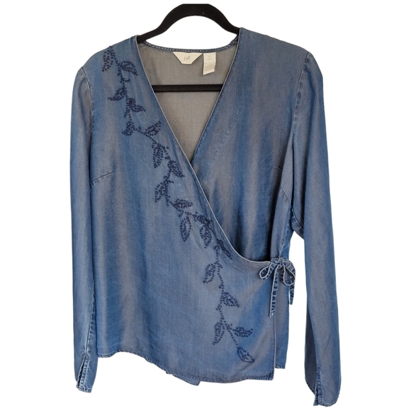 J.Jill Woman's Small Tall Chambray Embroidered Wrap Top Blouse - Picture 1 of 12